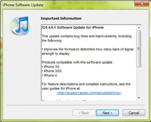 iOS 4.0.1 upgrade screen